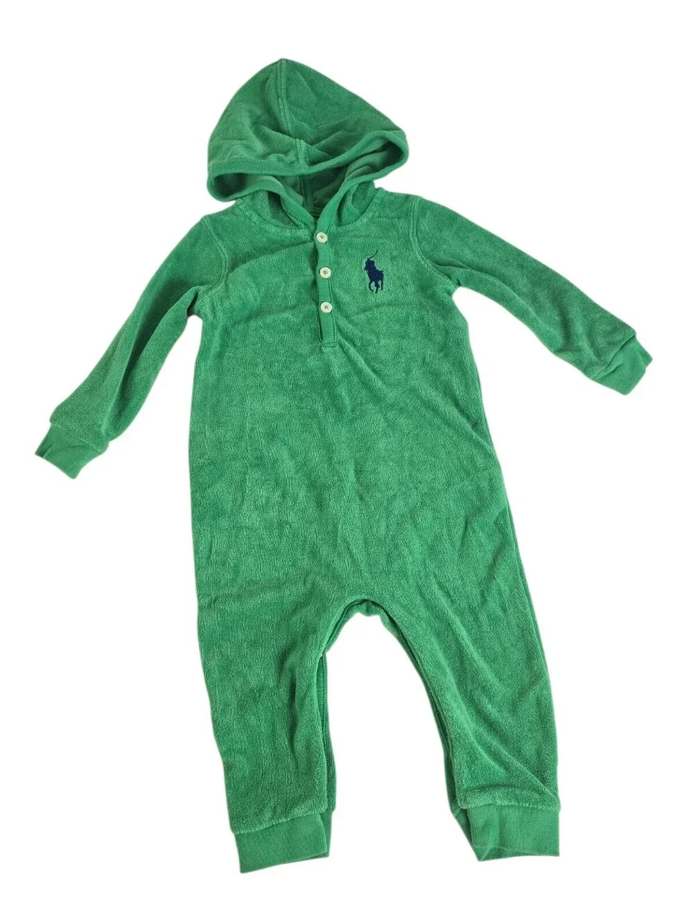Polo Ralph Lauren Baby Terry Cloth Big Pony Hooded One Piece - Green (Blue pony)